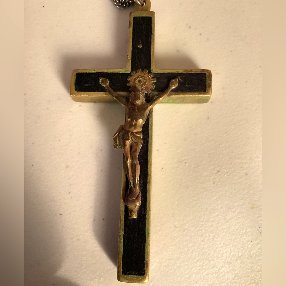 Vintage Brass and ebony wood 11 saints relic Crucifix